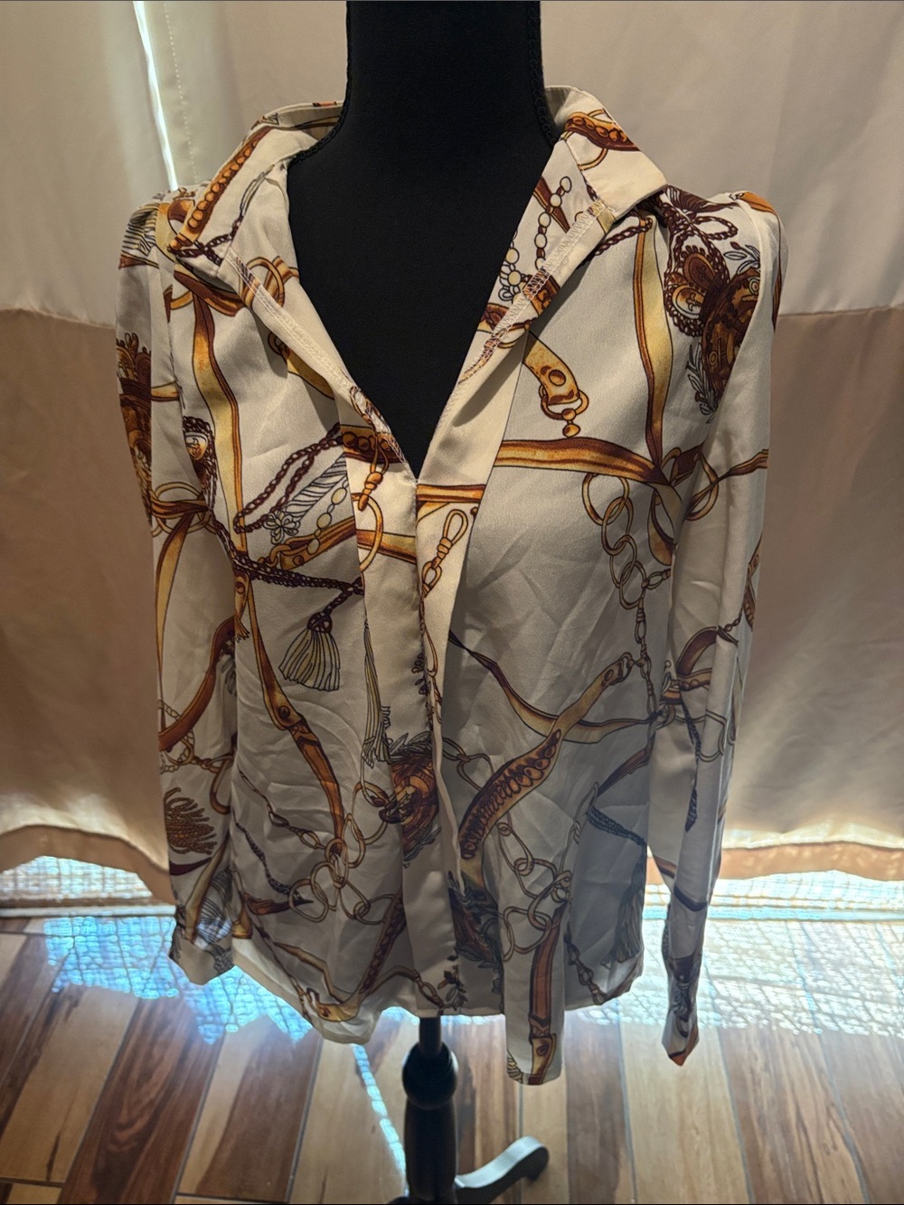 SHEIN White Button-Down Shirt with Brown & Gold Chain Print